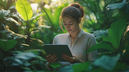 Fototapeta premium A businesswoman holding a tablet stands amid the verdant vegetation of a botanical garden.