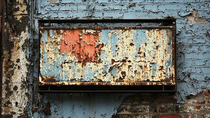 Naklejka premium Vintage Rusty Sign on Weathered Wall with Peeling Paint Texture