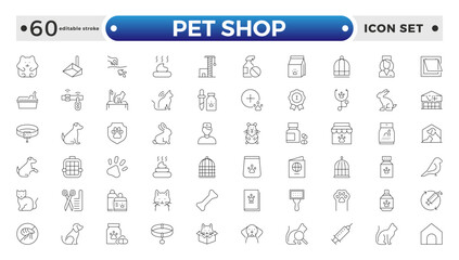 Set of pet shop icons, dog, cat, puppy, animals. Pet, vet, pet shop, types of pets - minimal thin line web icon set. Editable stroke outline icon.