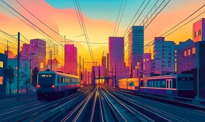 Fototapeta premium A vibrant cityscape at sunset featuring a train on tracks amidst urban buildings and Sunset at Munich main station 