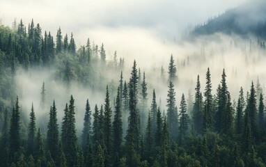 Mystical Fog Shrouded Evergreen Forest A Serene Landscape of Pine Trees in Mountain Mist