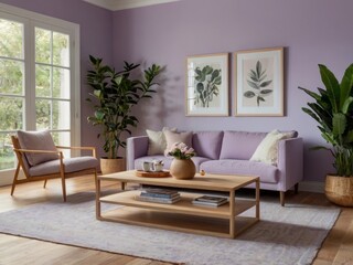 Fototapeta premium Lavender Living Room Featuring Sofa Plants and Artwork