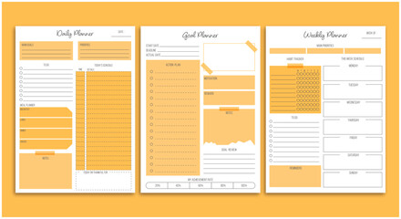 Daily,weekly and goal planner template set.Minimalist and modern style. Ready to print A4 sheets.Vector illustration