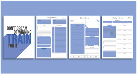 Ready to print daily,weekly and goal planner template with cover page.Minimalist and modern style. Set of printable A4 sheets.Vector illustration