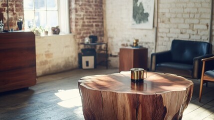 Unique live edge walnut coffee table with brass inlays in cozy loft setting featuring exposed brick walls