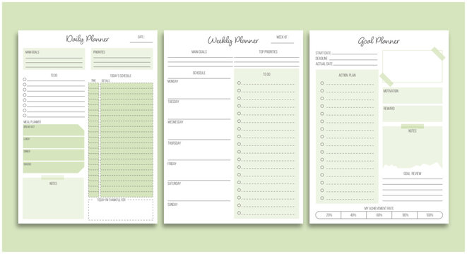 Set of daily , weekly and goal planner sheets. Minimalist and modern planner template. Printable A4 size sheets.Vector illustration - Powered by Adobe