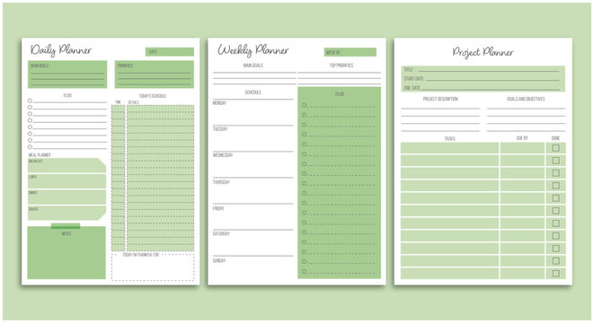 Set of daily , weekly and project planner sheets. Minimalist and modern planner template. Printable A4 size sheets.Vector illustration