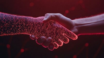 A digital handshake symbolizes collaboration and connection in a tech-driven world, showcasing innovative interactions through a networked design.