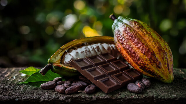 Cacao con pepas de cacao y tableta de chocolate en fondo natural desenfocado