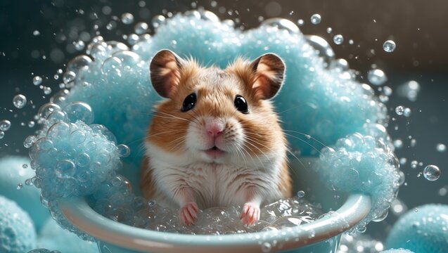 Light brown hamster enjoys a bubbly bath in a toy tub with a crown of bubbles