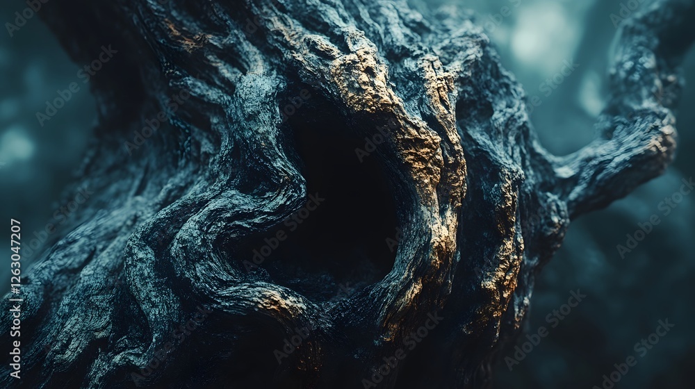 Aufkleber Close-up of an ancient tree trunk with deep knots and a mysterious hollow. Dark and moody tones Gnarled driftwood detail texture background. Ancient Knotted Tree Trunk: A Dark Fantasy