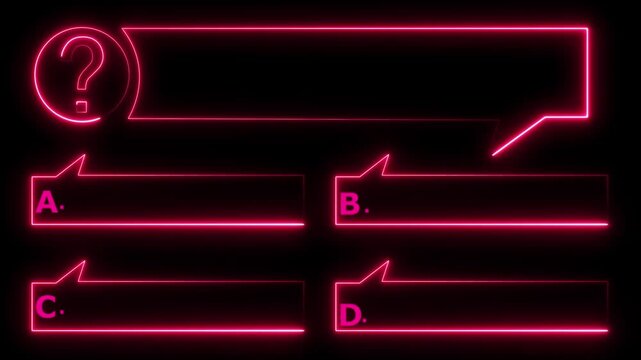 Quiz Neon Line Animation with option selection on black background ,Quiz template challenge with option selection, quiz game animation, Animated quiz question on balck background