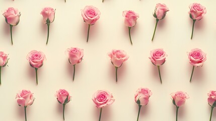 Obraz premium A background of soft pink roses arranged neatly on a pale cream-colored surface, ideal for Valentine's Day designs or stationery.