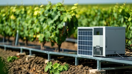 A solar-powered cooling system is positioned in a vineyard, surrounded by rows of lush grapevines under a clear blue sky.