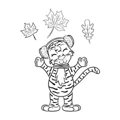 Сheerful tiger cub surrounded by falling fall leaves. Vector illustration with doodle style.