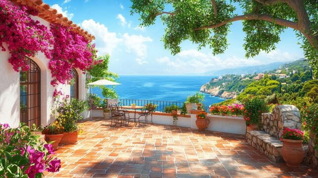 Serene Coastal Terrace with Vibrant Flowers and Stunning Ocean View