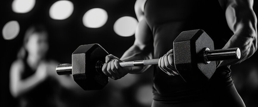 muscular man holds dumbbell in gym, showcasing strength and determination. black and white photo captures intensity of workout session