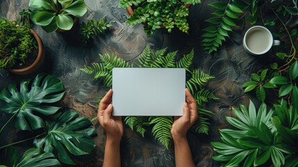Top view of a woman's hands holding a digital tablet with a white screen on a desk with green plants and a cup
