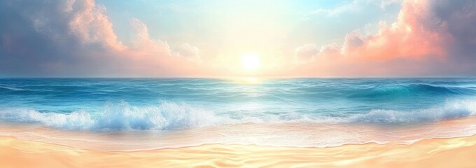 Fototapeta premium Sunrise Beach Landscape with Gentle Waves and Soft Golden Sand