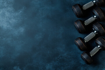 Obraz premium Close up of iron dumbbells on dark textured background, showcasing fitness equipment for strength training and exercise routines