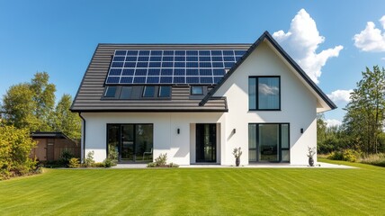 A modern, eco-friendly house featuring solar panels, large windows, and a spacious green lawn under a clear blue sky.