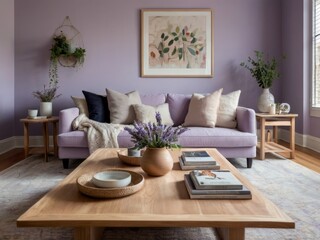 Lavender Living Room Decor Featuring Stylish Sofa and Coffee Table