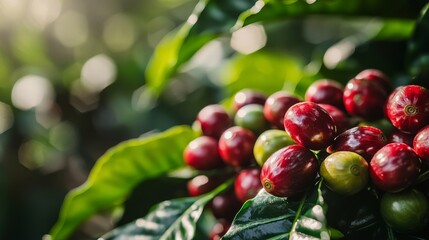 Obraz premium Harvesting Ripe Red Coffee Beans on Lush Plants in Tropical Forest Nature Photography Vibrant Greenery Close-Up View