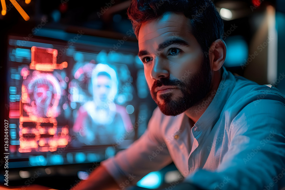 Poster concentrated man working on futuristic computer graphics display