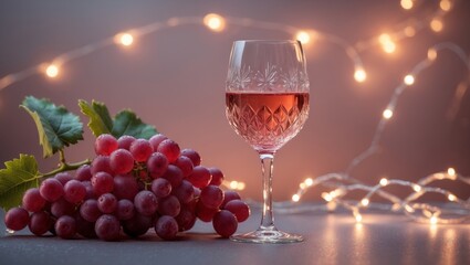 Aromatic Rose Wine with Fresh Red Grapes and Festive Lights.