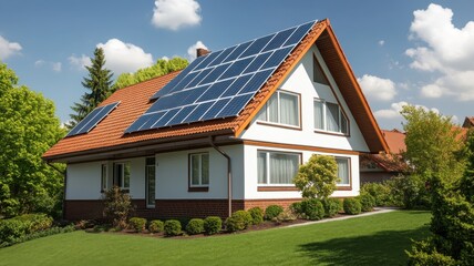 Obraz premium A modern house with solar panels on the roof, surrounded by greenery and a well-maintained garden under a bright sky.