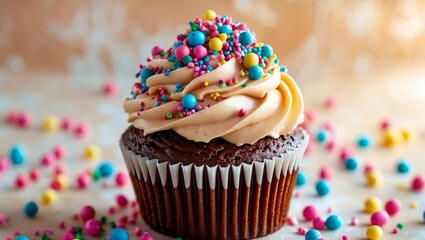Indulge in a Delicious Chocolate Cupcake adorned with Colorful Festive Sprinkles to enjoy.