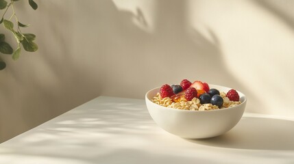 Colorful fruit topped oatmeal served in a white bowl on a light table with soft shadows