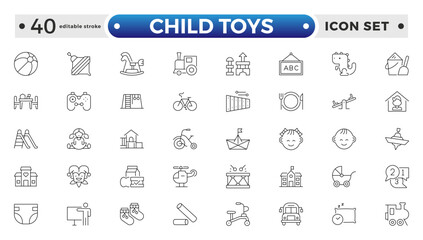 Child Toys, Baby, children and child outline icon set. Newborn, diaper, baby bottle, crib, pacifier, toy, pin, bib, first days of life, supplies, healthcare. Editable stroke outline icon.