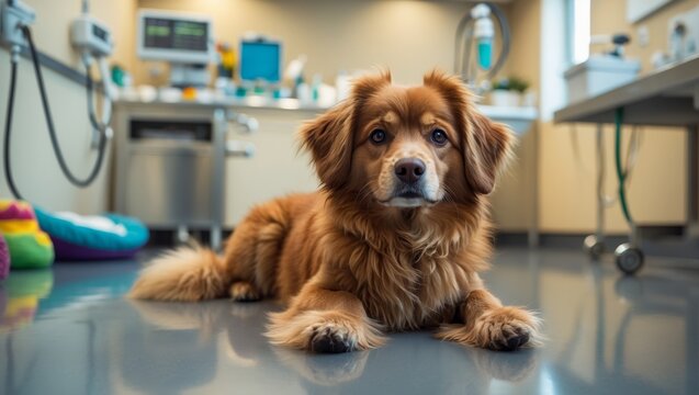 Dog lying on the floor in a veterinary clinic.