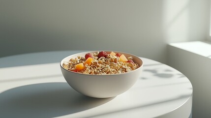 Healthy breakfast bowl with granola, fruits, and natural light in a bright kitchen setting
