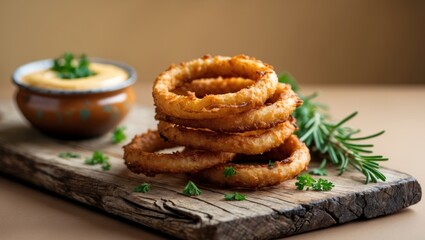 Fried onion rings served on a wooden board with dip in the background and garnished with herbs Copy Space.