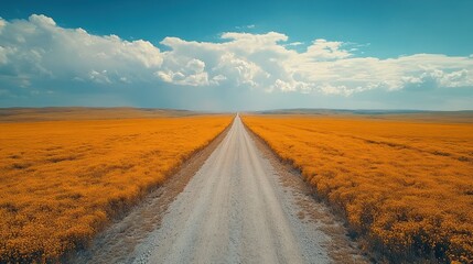 Fototapeta premium Golden Field Road Under Blue Sky With Clouds