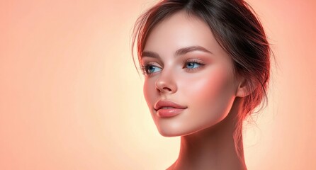 Obraz premium Beautiful young woman with clean fresh skin and a serene smile touching her face in a minimalist portrait