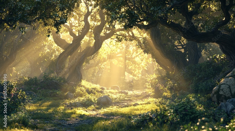 Poster enchanted forest with sunlight filtering through ancient trees