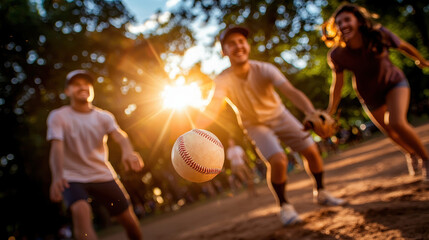 Fototapeta premium Friends playing casual game of baseball during sunset, enjoying moment