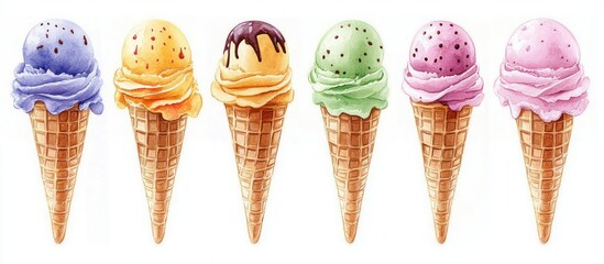 Whimsical Watercolor Ice Cream Cones in Pastel Colors Against White Background