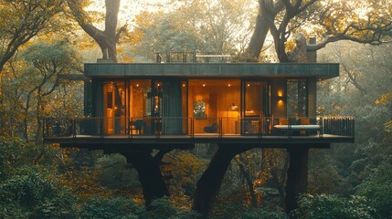 Obraz premium Modern Treetop House Among Lush Forest Trees