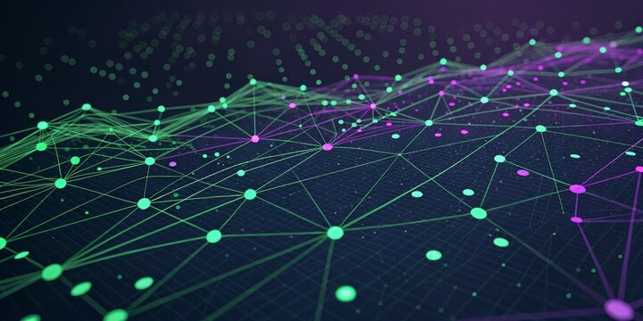 Abstract Network Green and Purple Nodes, Connected Data Visualization, Digital Landscape Network, Visualization