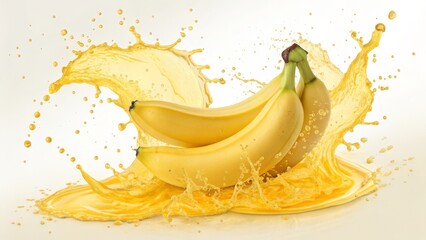 Banana Splash Three Bananas in Yellow Juice, Dynamic Composition, Fruit Photography Banana Juice, Fresh Fruit