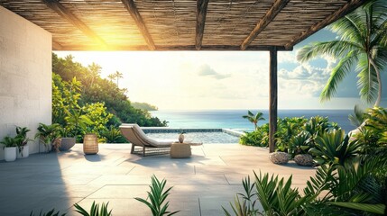 Obraz premium Serene Tropical Escape with Pool and Lounge Chair Surrounded by Nature