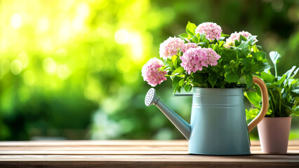 Pink hydrangeas in a watering can on a wooden table outdoors