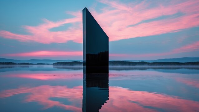 Mysterious black monolith stands in calm water reflecting a beautiful pink and blue sunset.
