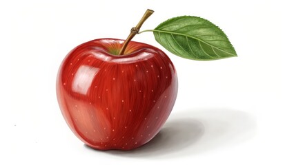 Digital Painting Red Apple with Leaf, Realistic Style, Fruit Illustration, Apple, Digital Art