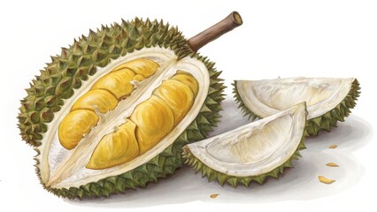 Fototapeta premium Durian Watercolor Painting Halved Fruit and Segments, Botanical Illustration, Tropical Fruit, Still Life, Durian, Watercolor Durian, Botanical Illustration