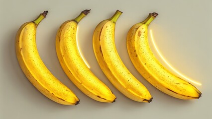 Four Bananas with Neon Light Arc, Minimalist Still Life Photography, Food Styling, Fruit Composition Keywords Banana, Minimalism